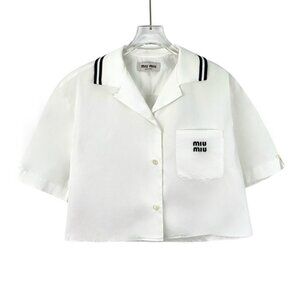 Miu Miu 2023 White Logo Letter Embroidered Cotton Short Sleeve Shirt